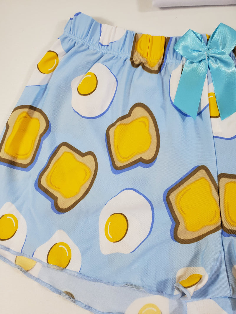 Women's Blue satin pajamas shorts fried eggs and toast theme white blouse - Princess Pajamas