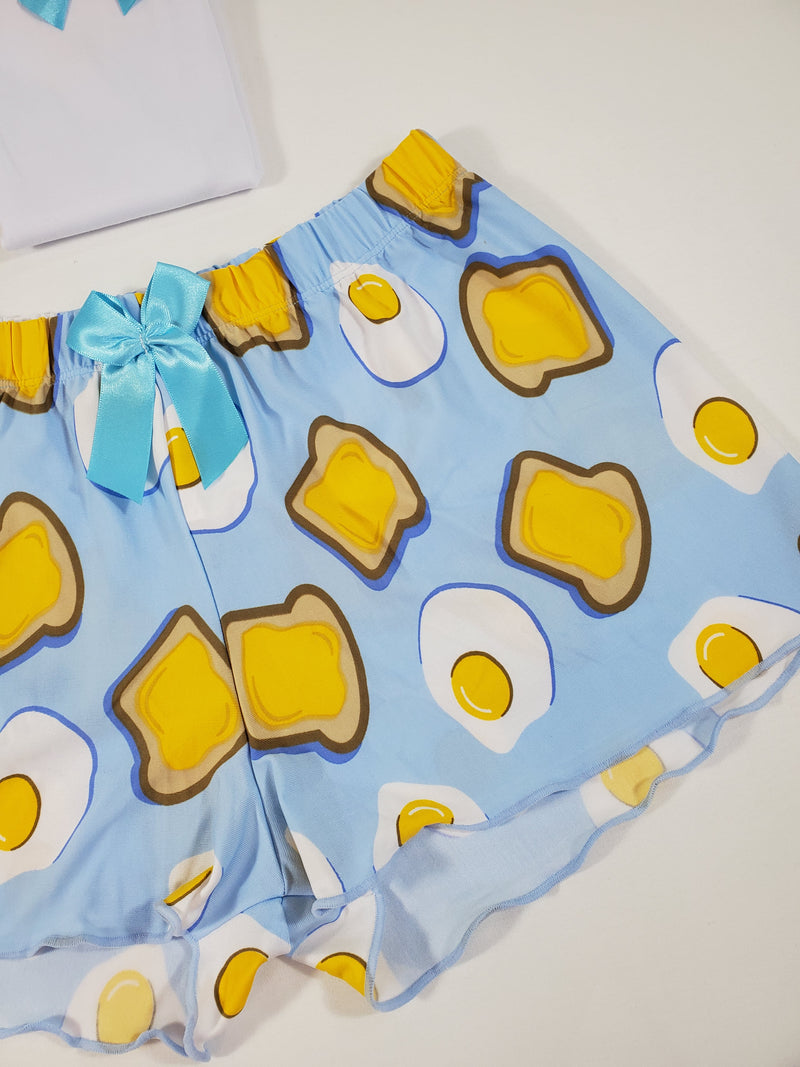 Women's Blue satin pajamas shorts fried eggs and toast theme white blouse - Princess Pajamas