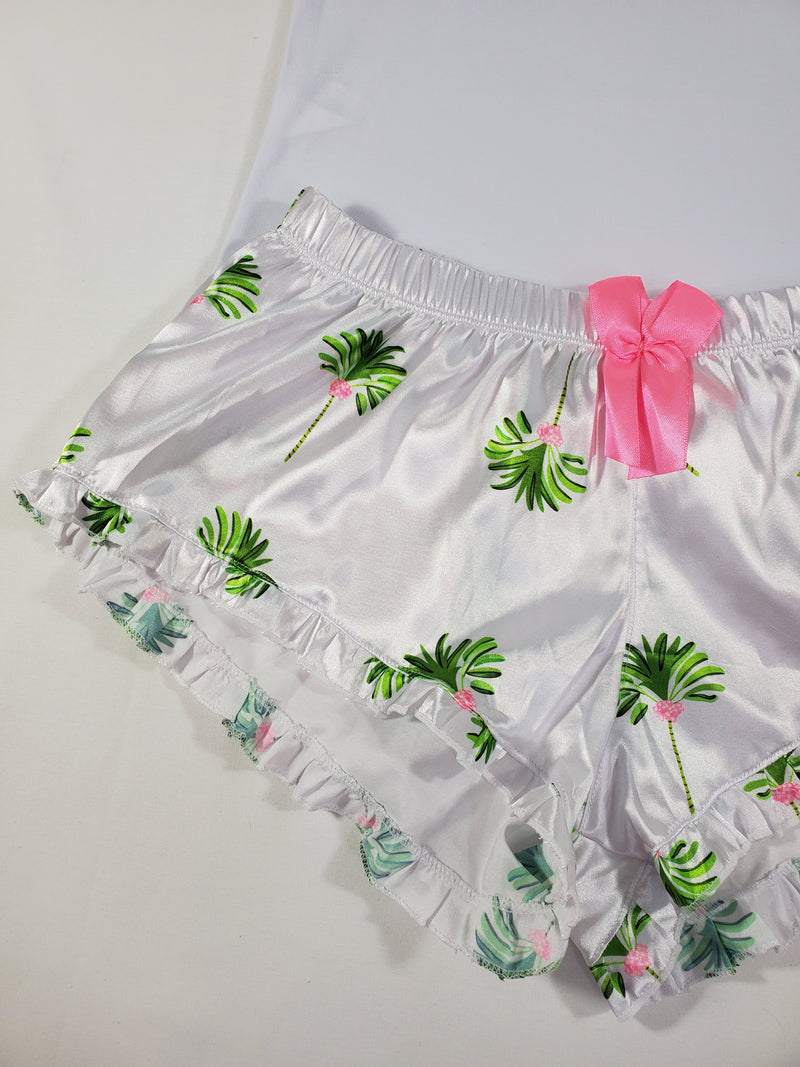 Sexy Women's pajama white satin shorts palm tree theme white blouse - Princess Pajamas