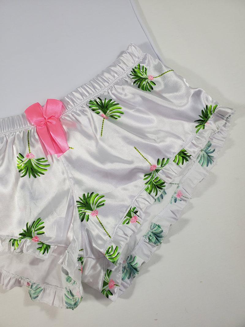 Sexy Women's pajama white satin shorts palm tree theme white blouse - Princess Pajamas