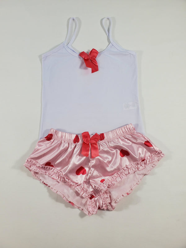 Women's Sexy pajama pink satin shorts with red hearts white blouse - Princess Pajamas