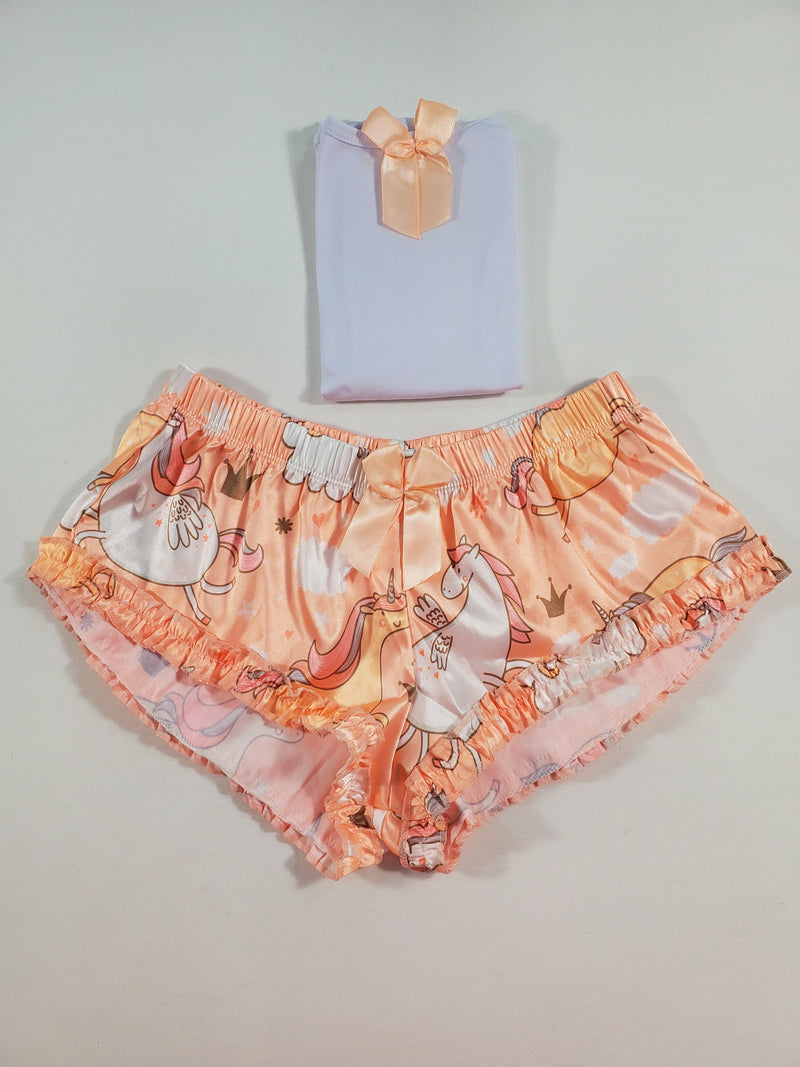 Women's Sexy pajama orange satin shorts with unicorns white blouse - Princess Pajamas