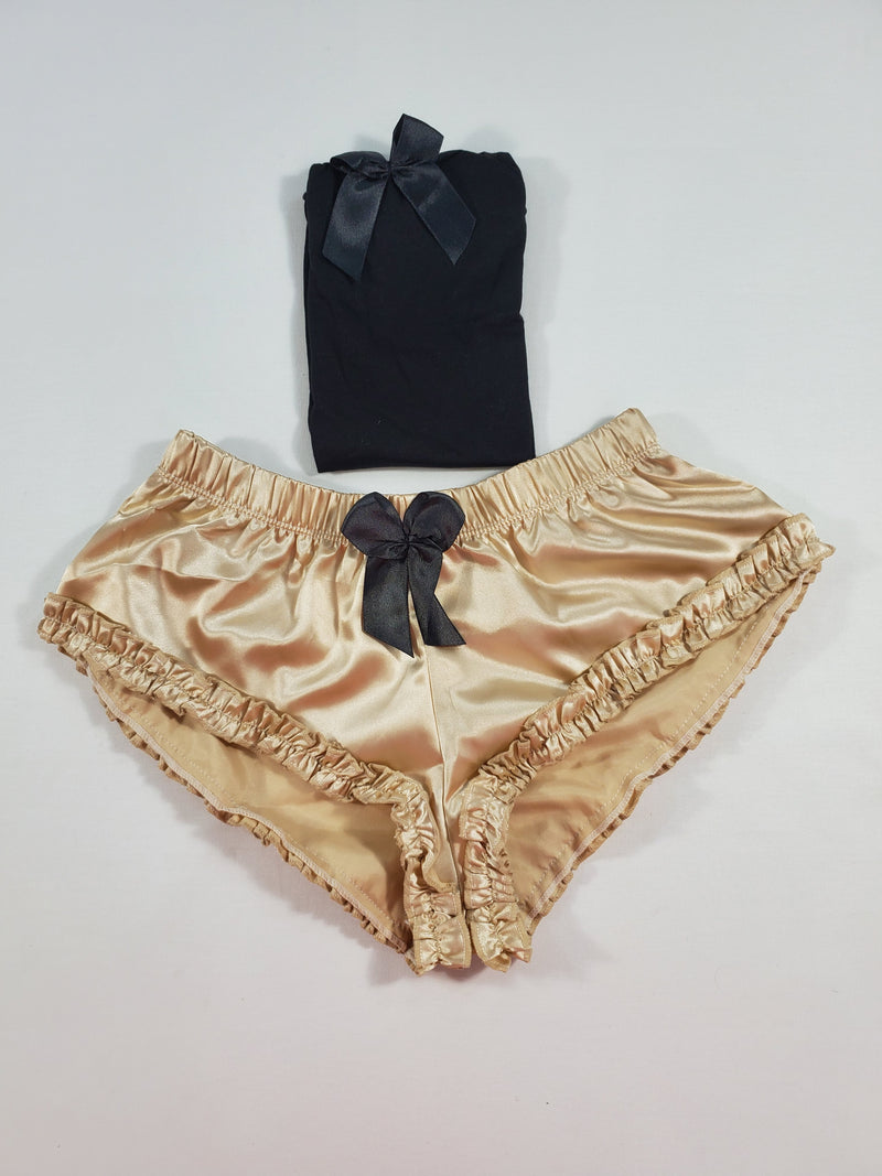 Women's Sexy pajama beige satin shorts black blouse - Princess Pajamas