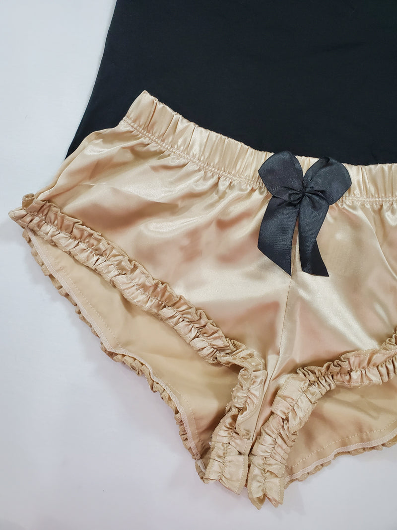 Women's Sexy pajama beige satin shorts black blouse - Princess Pajamas