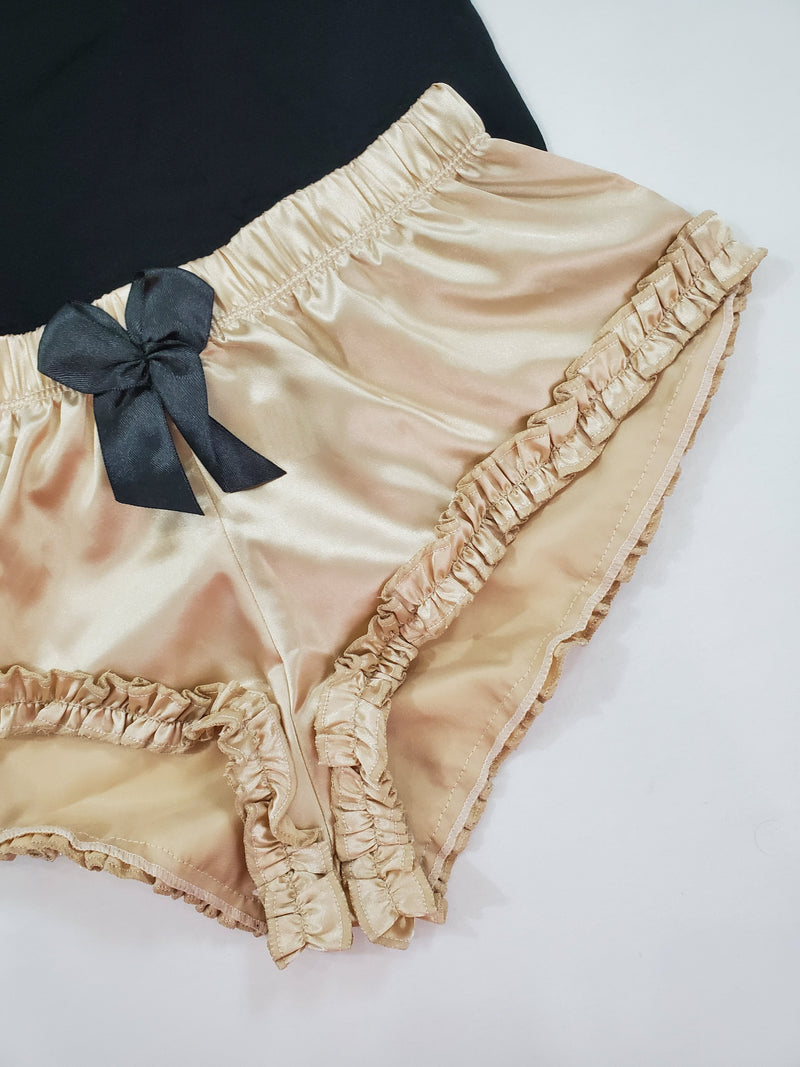 Women's Sexy pajama beige satin shorts black blouse - Princess Pajamas