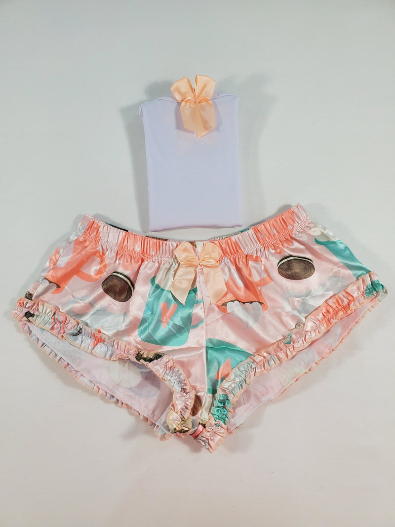 Women's Sexy pajama salmon satin shorts hot chocolate and cookies theme white blouse - Princess Pajamas