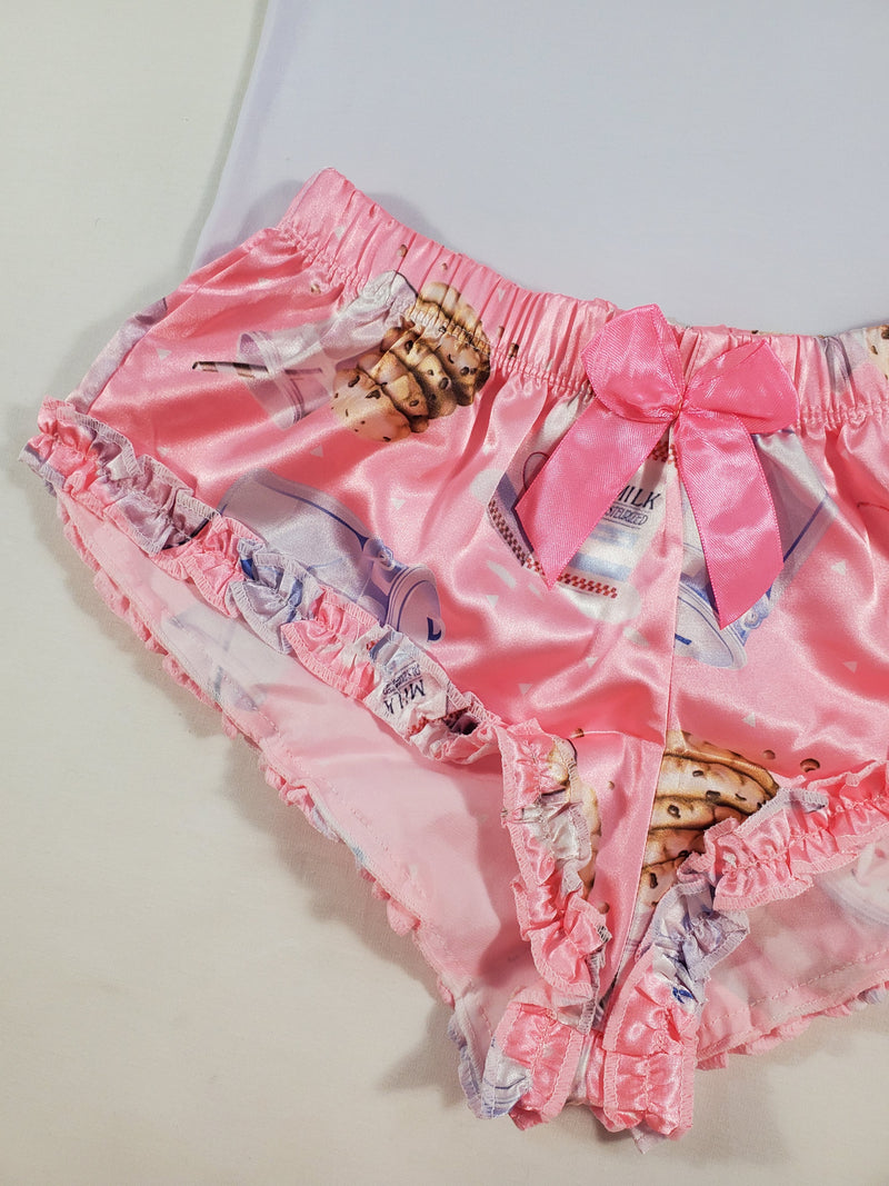 Women's Sexy pajama pink satin shorts cookies and milk theme white blouse - Princess Pajamas