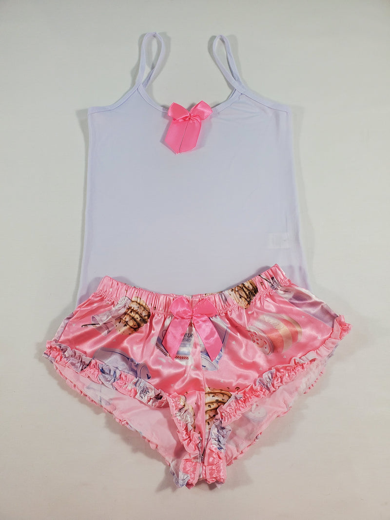 Women's Sexy pajama pink satin shorts cookies and milk theme white blouse - Princess Pajamas