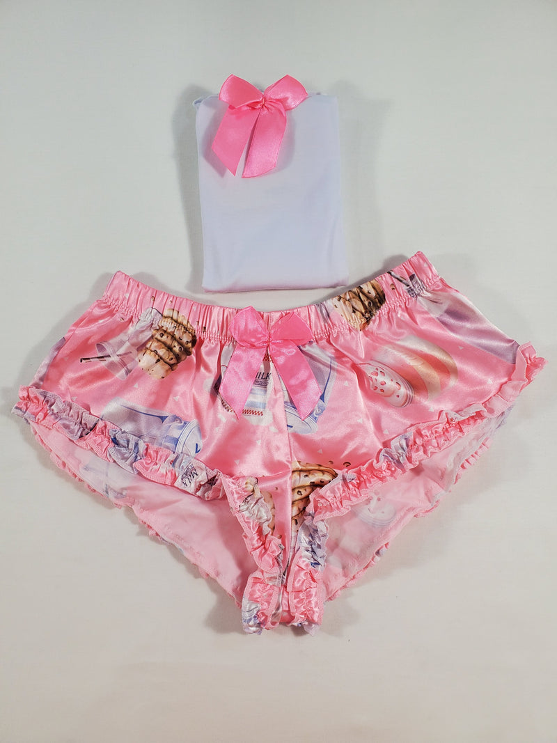 Women's Sexy pajama pink satin shorts cookies and milk theme white blouse - Princess Pajamas