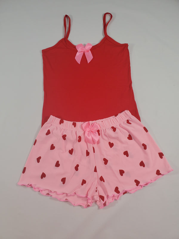 Women's Pajama set pink shorts red hearts theme red blouse - Princess Pajamas