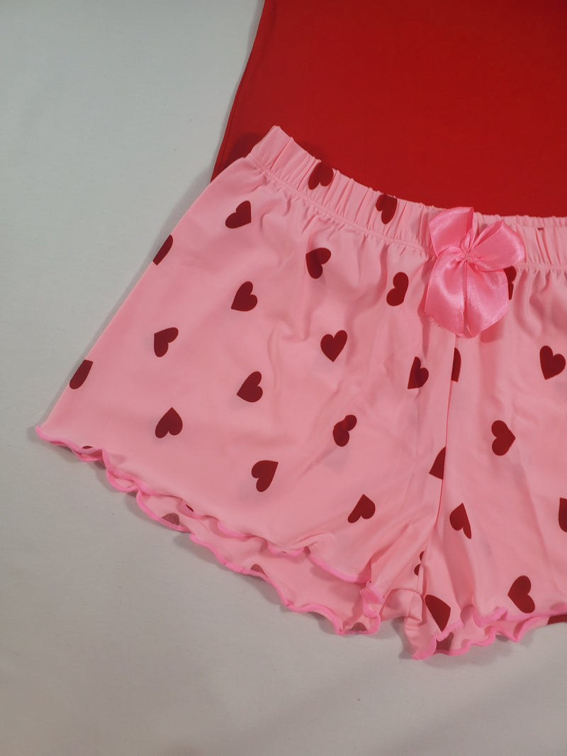 Women's Pajama set pink shorts red hearts theme red blouse - Princess Pajamas