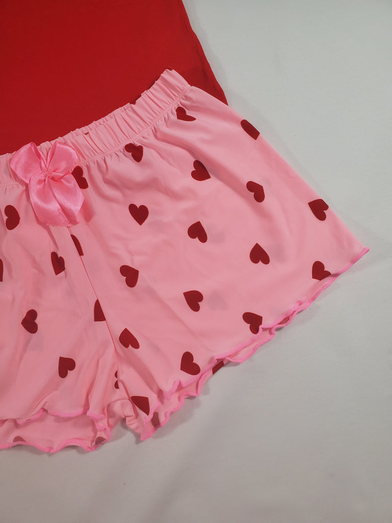 Women's Pajama set pink shorts red hearts theme red blouse - Princess Pajamas