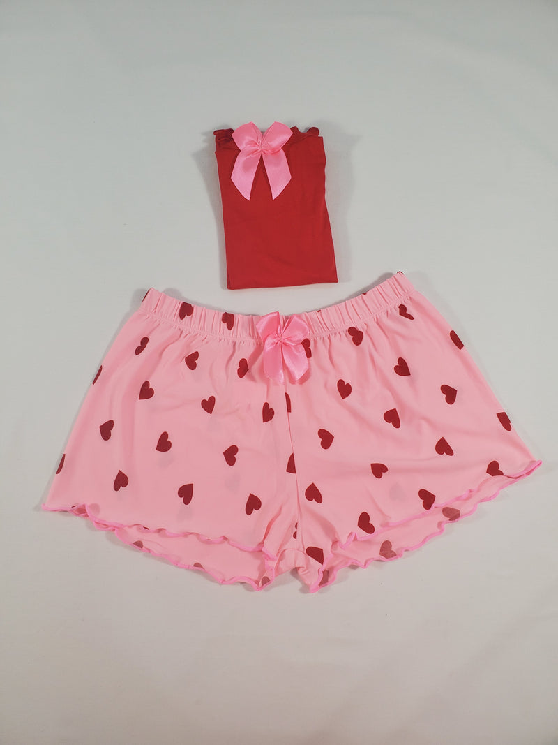 Women's Pajama set pink shorts red hearts theme red blouse - Princess Pajamas