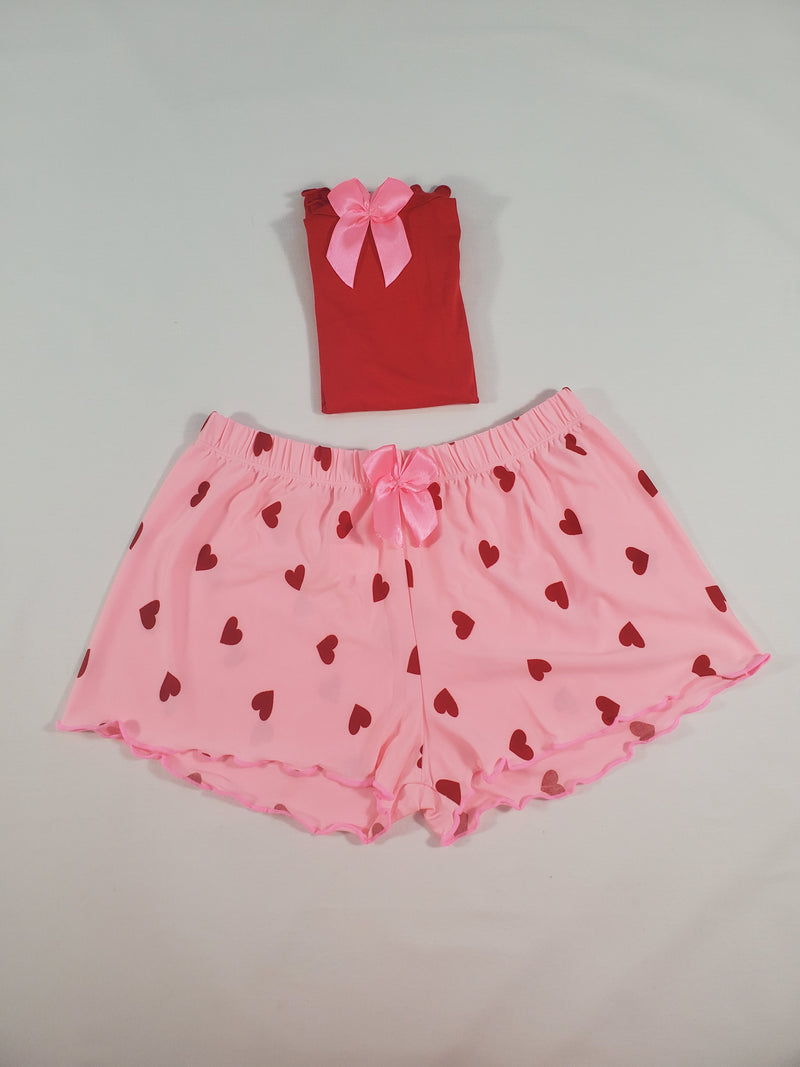 Women's Pajama set pink shorts red hearts theme red blouse - Princess Pajamas