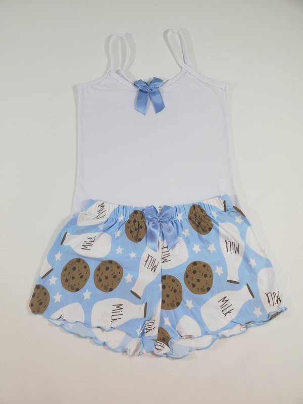 Women's Pajama set blue shorts milk and cookies theme white blouse - Princess Pajamas