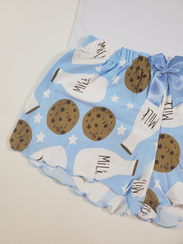 Women's Pajama set blue shorts milk and cookies theme white blouse - Princess Pajamas