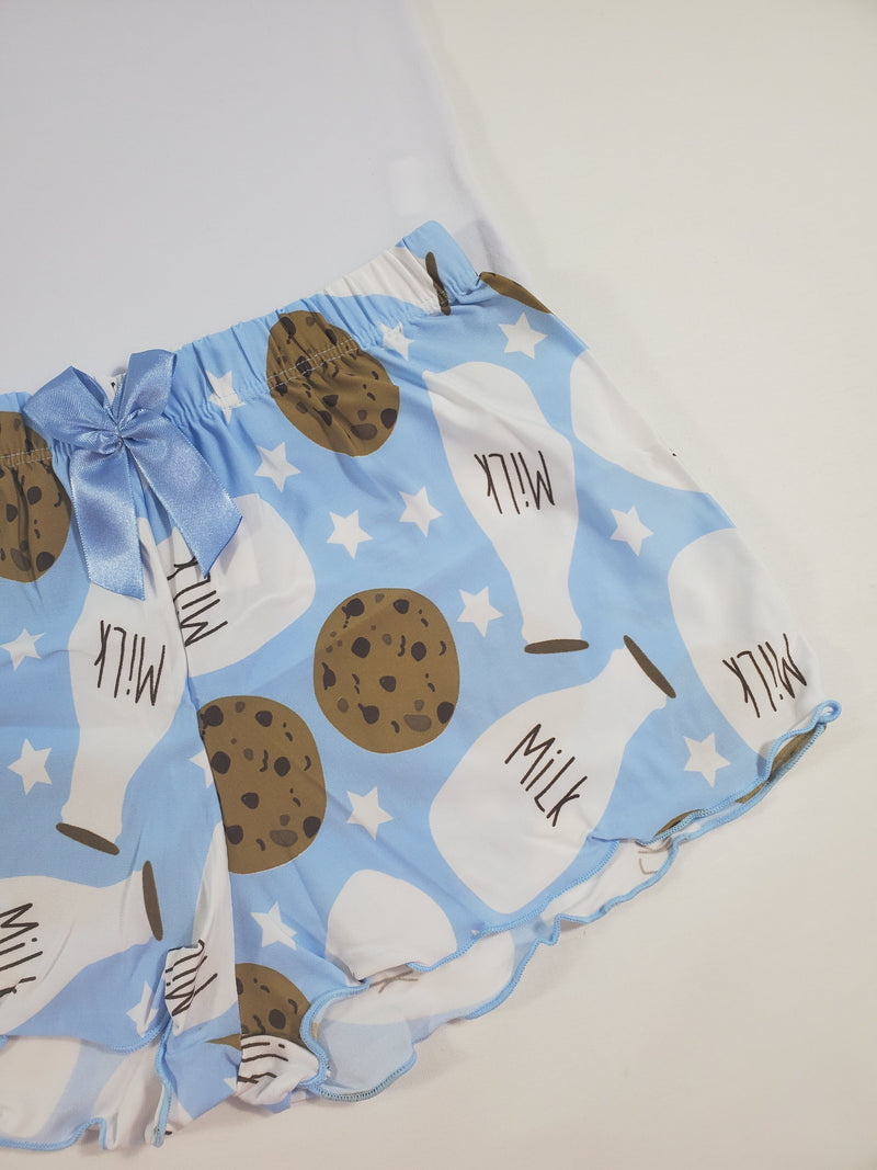 Women's Pajama set blue shorts milk and cookies theme white blouse - Princess Pajamas