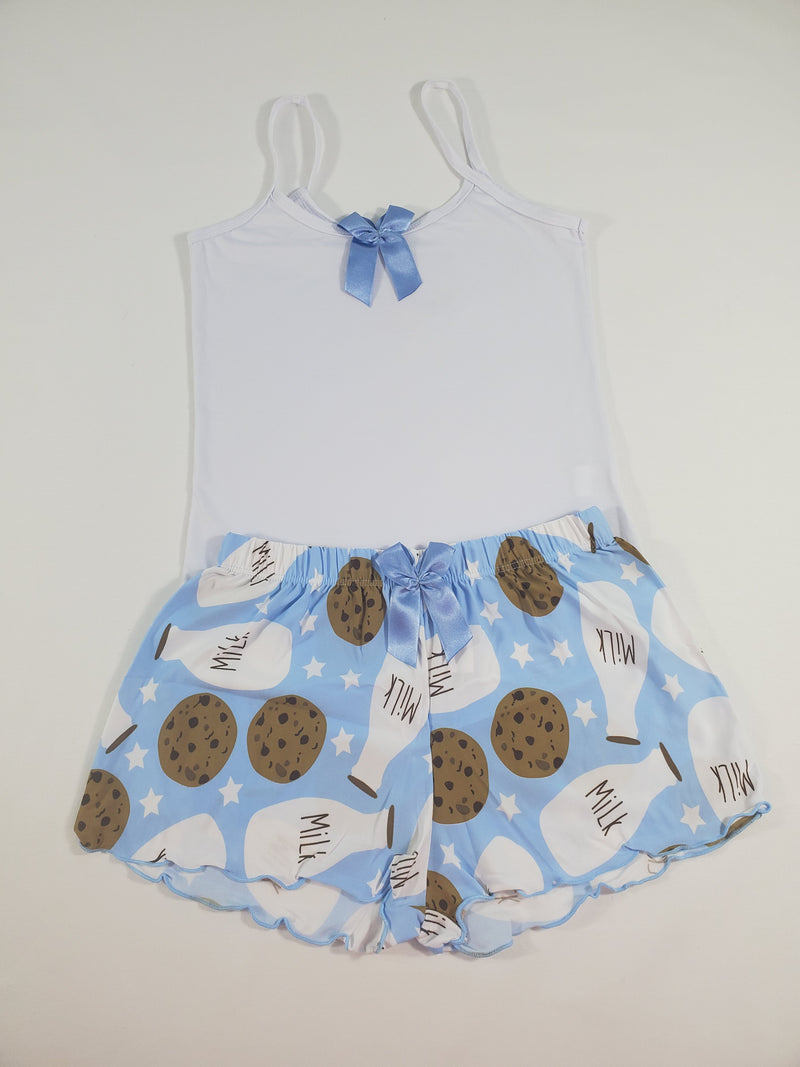 Women's Pajama set blue shorts milk and cookies theme white blouse - Princess Pajamas