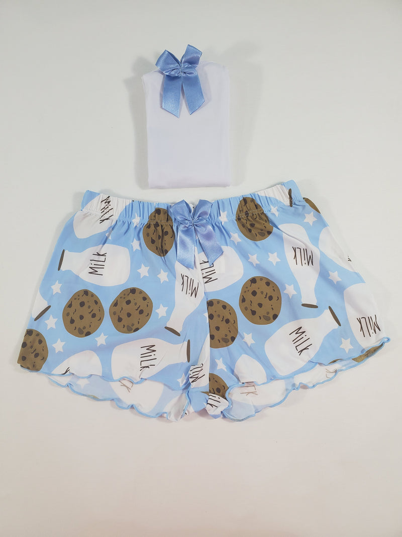 Women's Pajama set blue shorts milk and cookies theme white blouse - Princess Pajamas