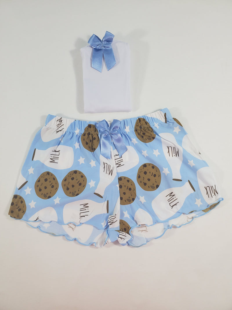 Women's Pajama set blue shorts milk and cookies theme white blouse - Princess Pajamas