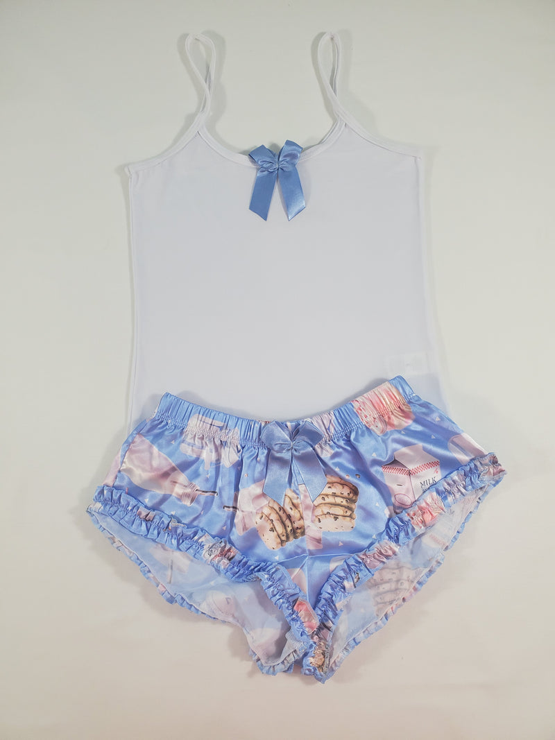 Women's Sexy pajama blue satin shorts cookies and milk theme white blouse - Princess Pajamas