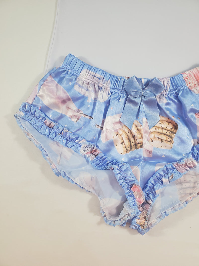 Women's Sexy pajama blue satin shorts cookies and milk theme white blouse - Princess Pajamas