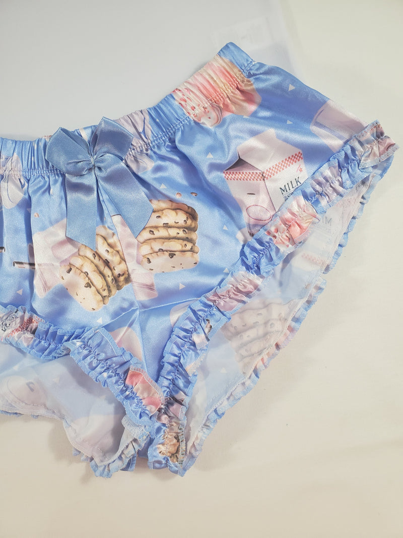 Women's Sexy pajama blue satin shorts cookies and milk theme white blouse - Princess Pajamas