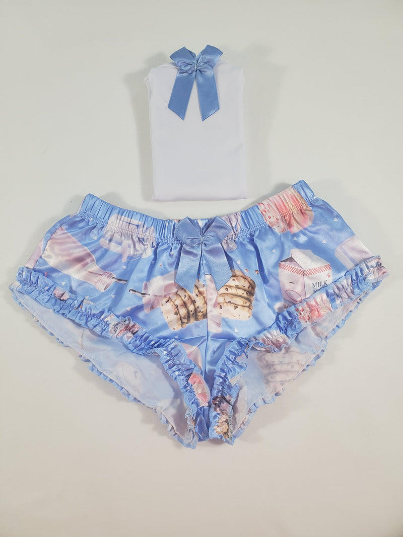 Women's Sexy pajama blue satin shorts cookies and milk theme white blouse - Princess Pajamas