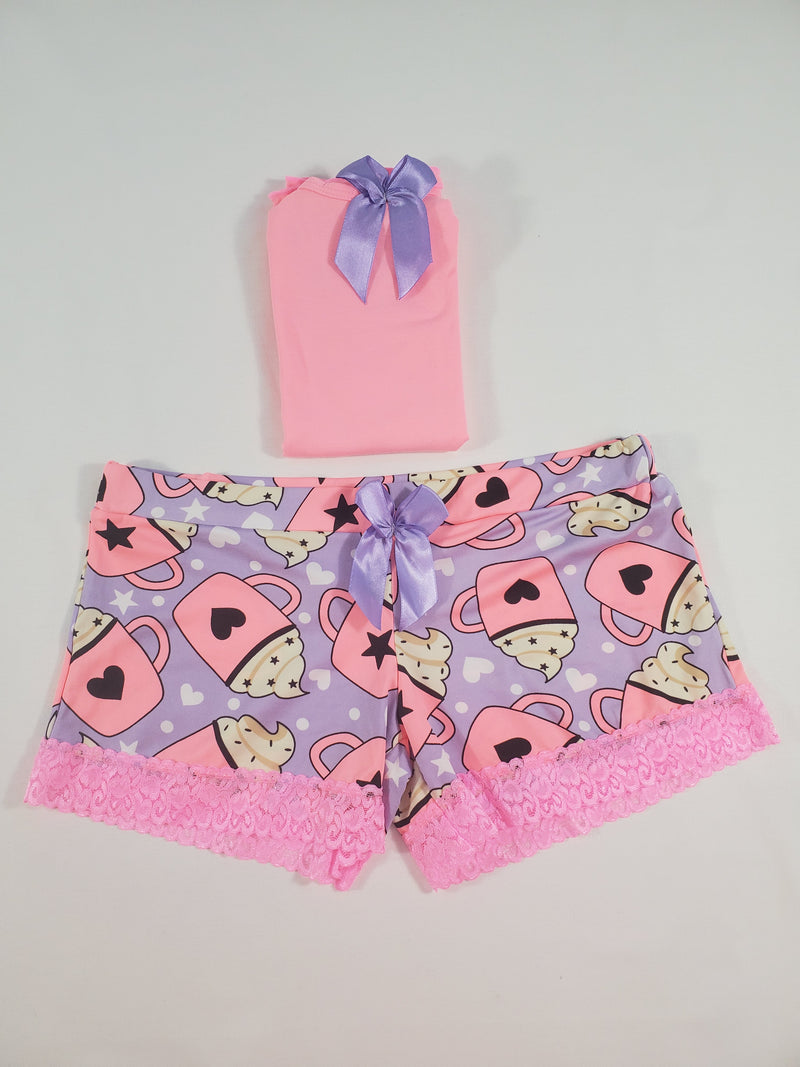 Women's Pijama set purple tutu shorts hot chocolate theme pink blouse - Princess Pajamas