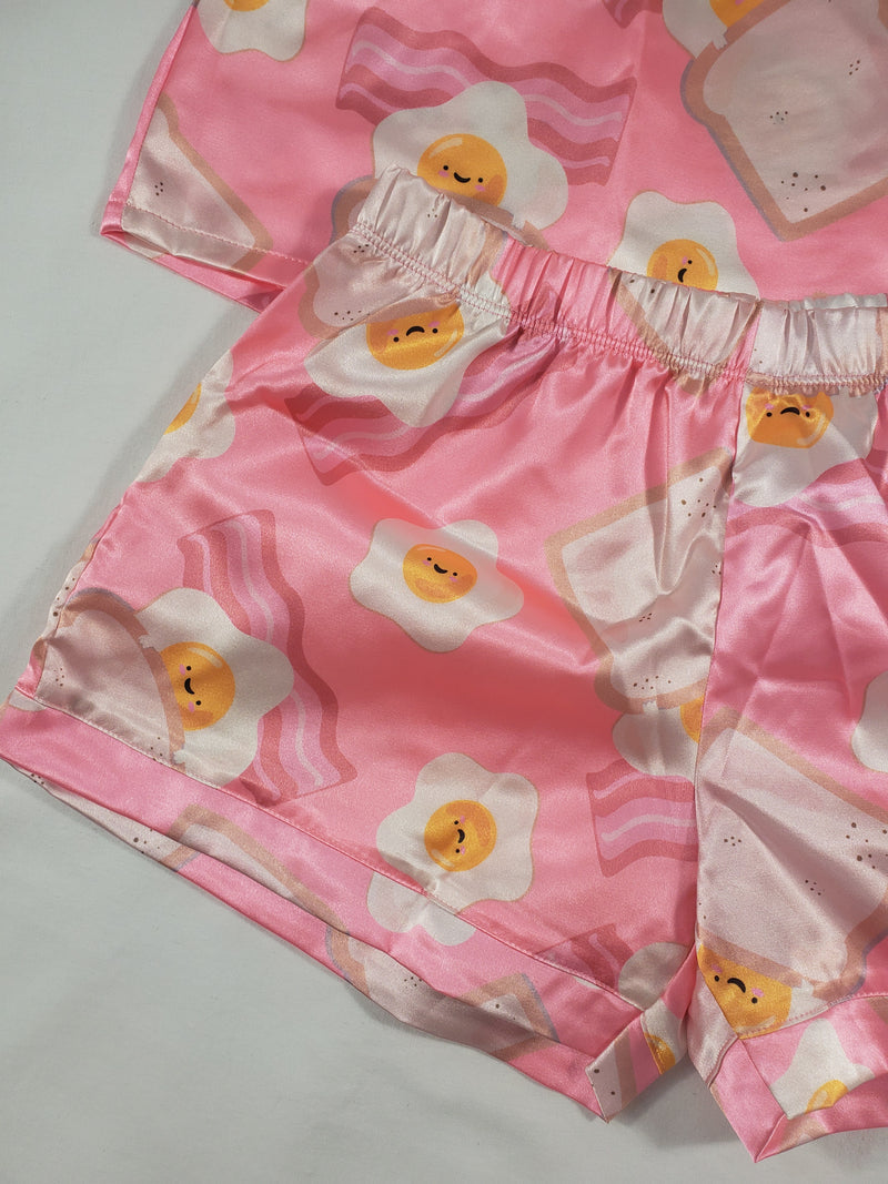 Women's Pink satin pajama set fried eggs bacon and toast theme shorts and blouse - Princess Pajamas