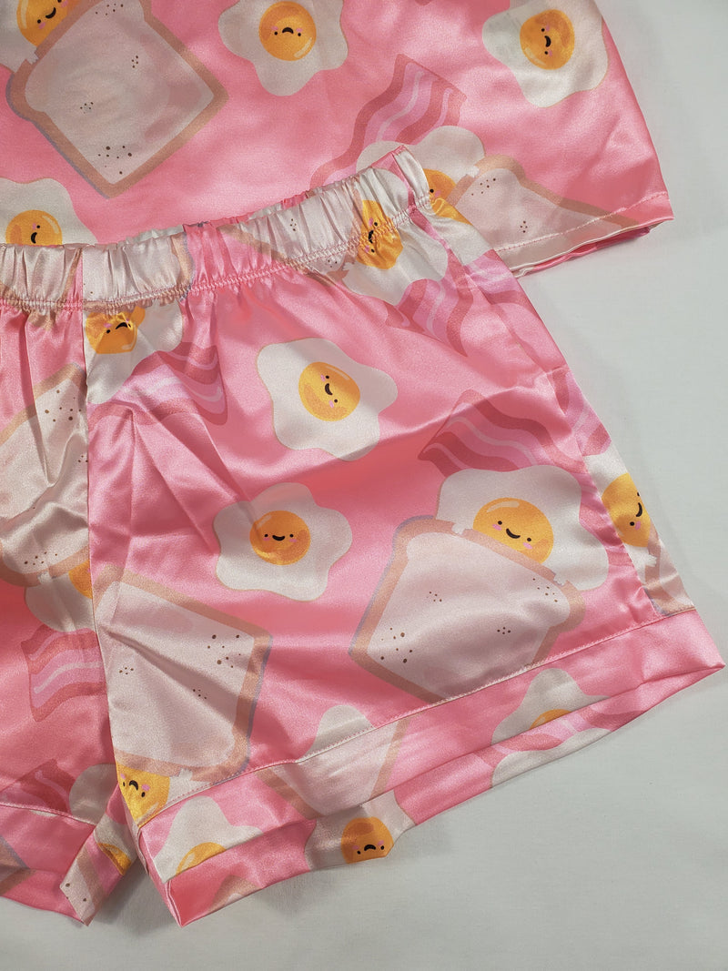 Women's Pink satin pajama set fried eggs bacon and toast theme shorts and blouse - Princess Pajamas