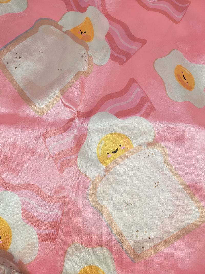 Women's Pink satin pajama set fried eggs bacon and toast theme shorts and blouse - Princess Pajamas