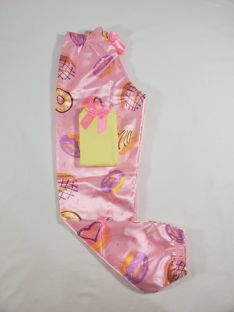 Women's Sexy pink satin pajama set donuts theme pants yellow blouse - Princess Pajamas