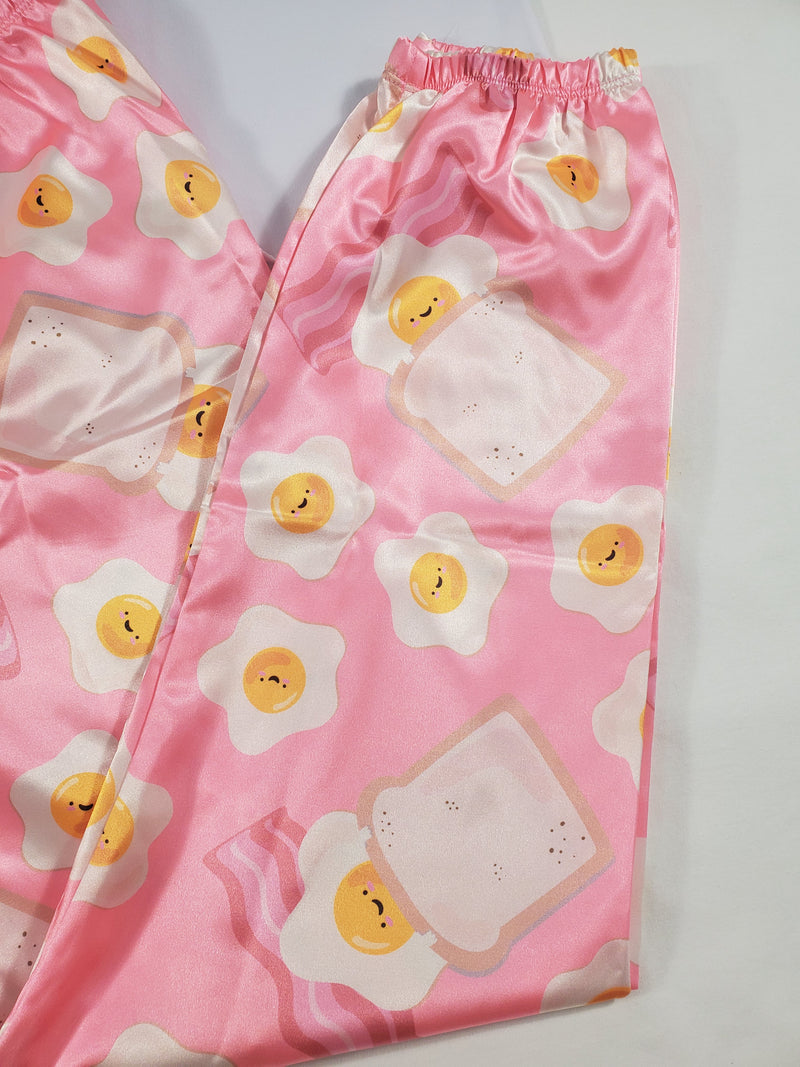 Women's Sexy pink satin pajama set fried eggs theme pants white blouse - Princess Pajamas