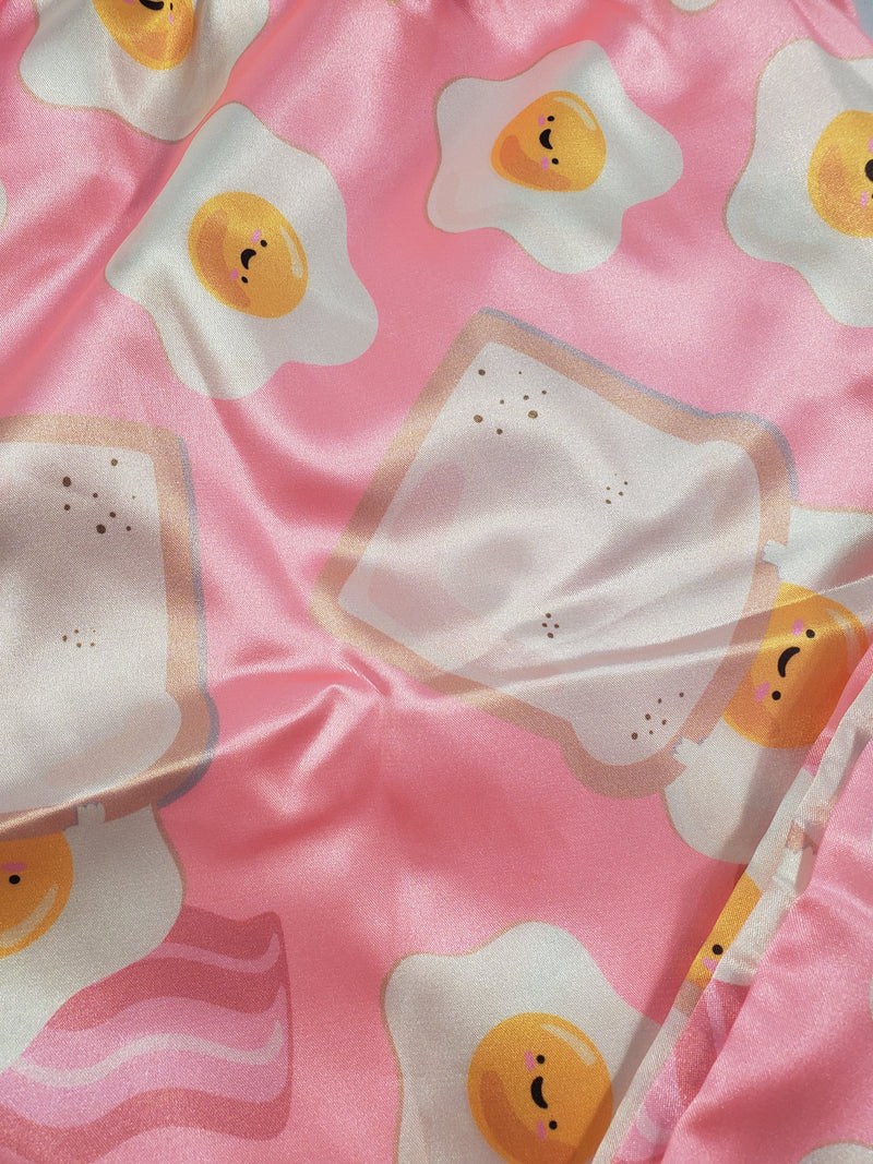 Women's Sexy pink satin pajama set fried eggs theme pants white blouse - Princess Pajamas