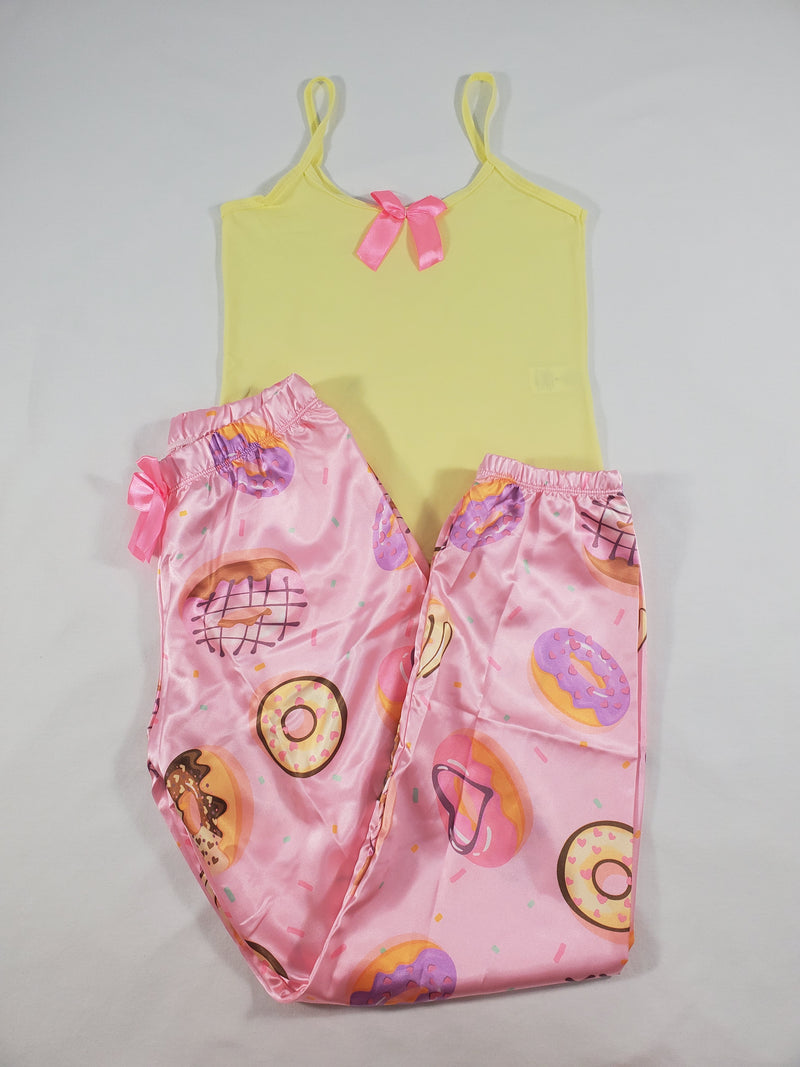 Women's Sexy pink satin pajama set donuts theme pants yellow blouse - Princess Pajamas