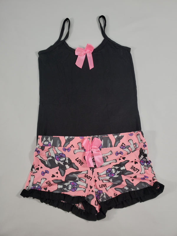 Women's Pijama set pink tutu shorts puppies theme black blouse - Princess Pajamas