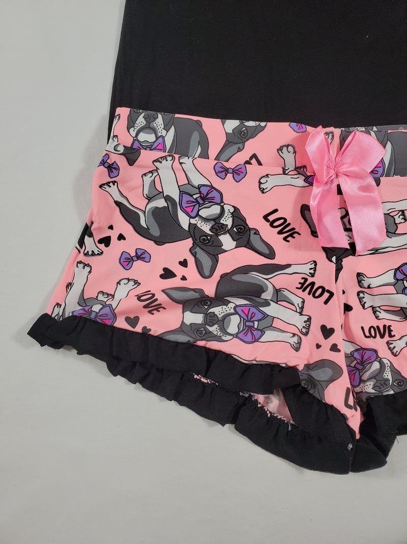 Women's Pijama set pink tutu shorts puppies theme black blouse - Princess Pajamas