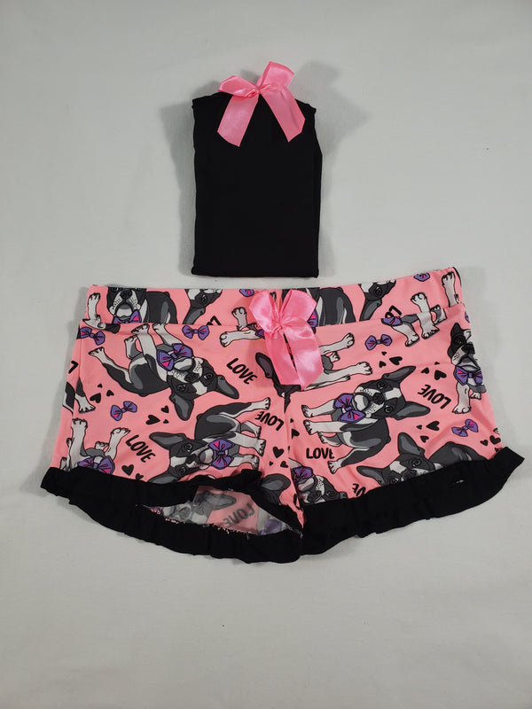 Women's Pijama set pink tutu shorts puppies theme black blouse - Princess Pajamas