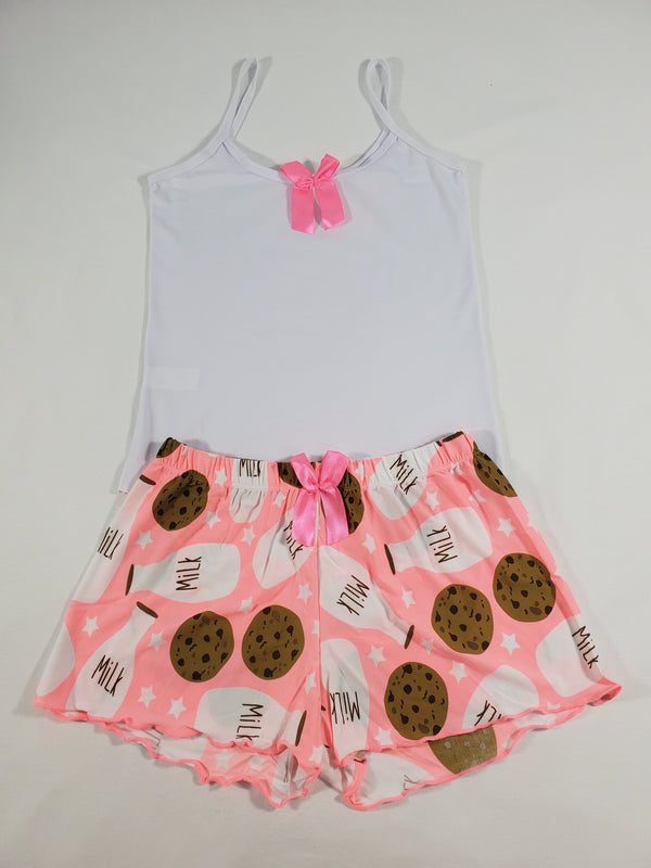 Women's Pajama set pink shorts milk and cookies theme white blouse - Princess Pajamas