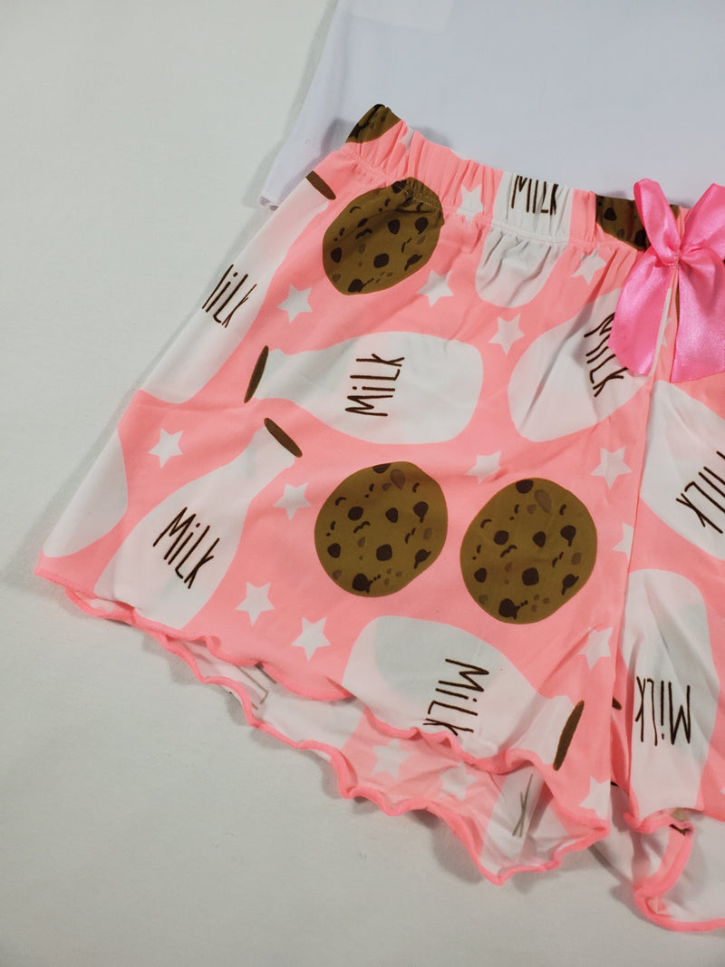 Women's Pajama set pink shorts milk and cookies theme white blouse - Princess Pajamas