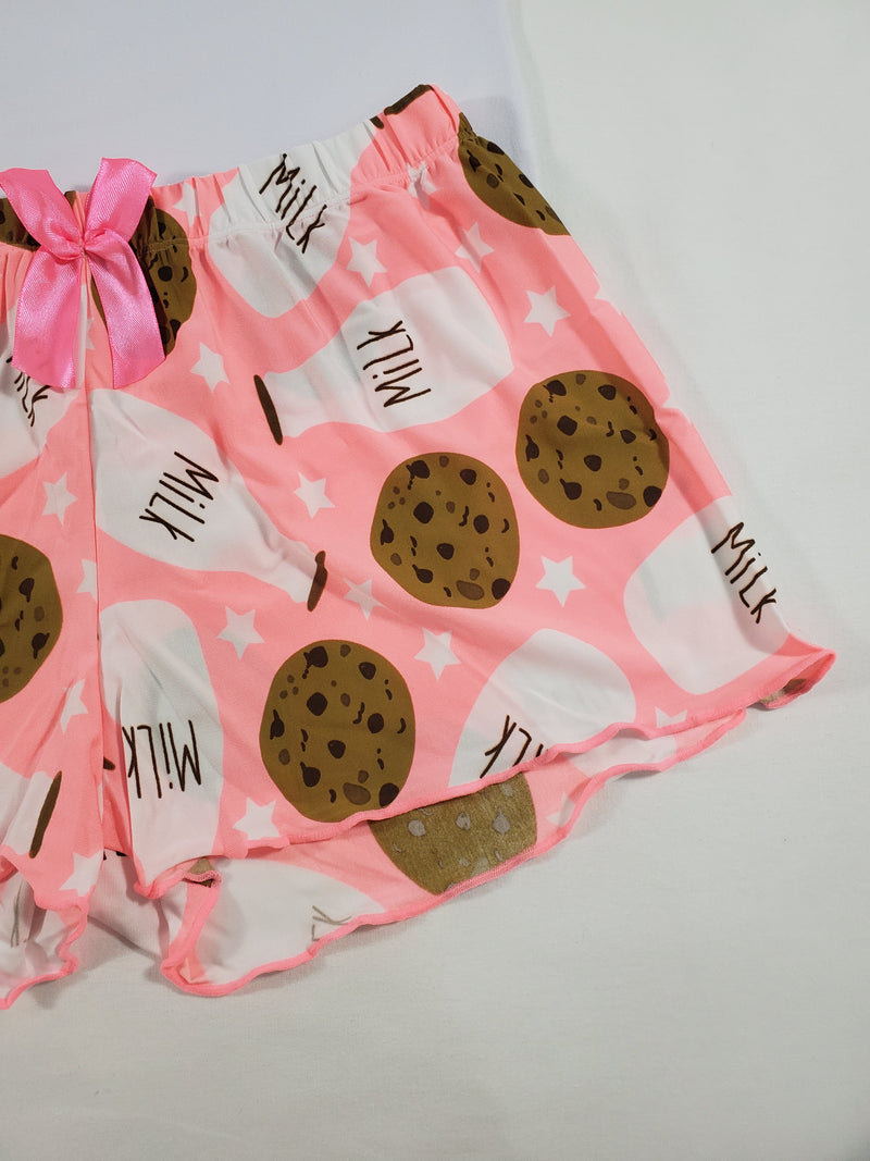 Women's Pajama set pink shorts milk and cookies theme white blouse - Princess Pajamas