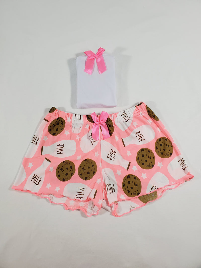 Women's Pajama set pink shorts milk and cookies theme white blouse - Princess Pajamas