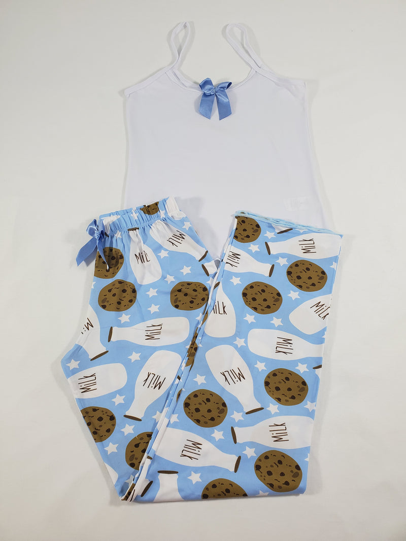 Women's Classic pajama set XL blue pants cookies and milk theme white blouse - Princess Pajamas