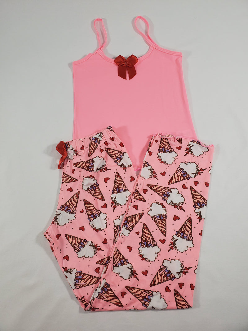 Women's Classic pajama set pink pants ice cream cones & hearts theme pink blouse - Princess Pajamas