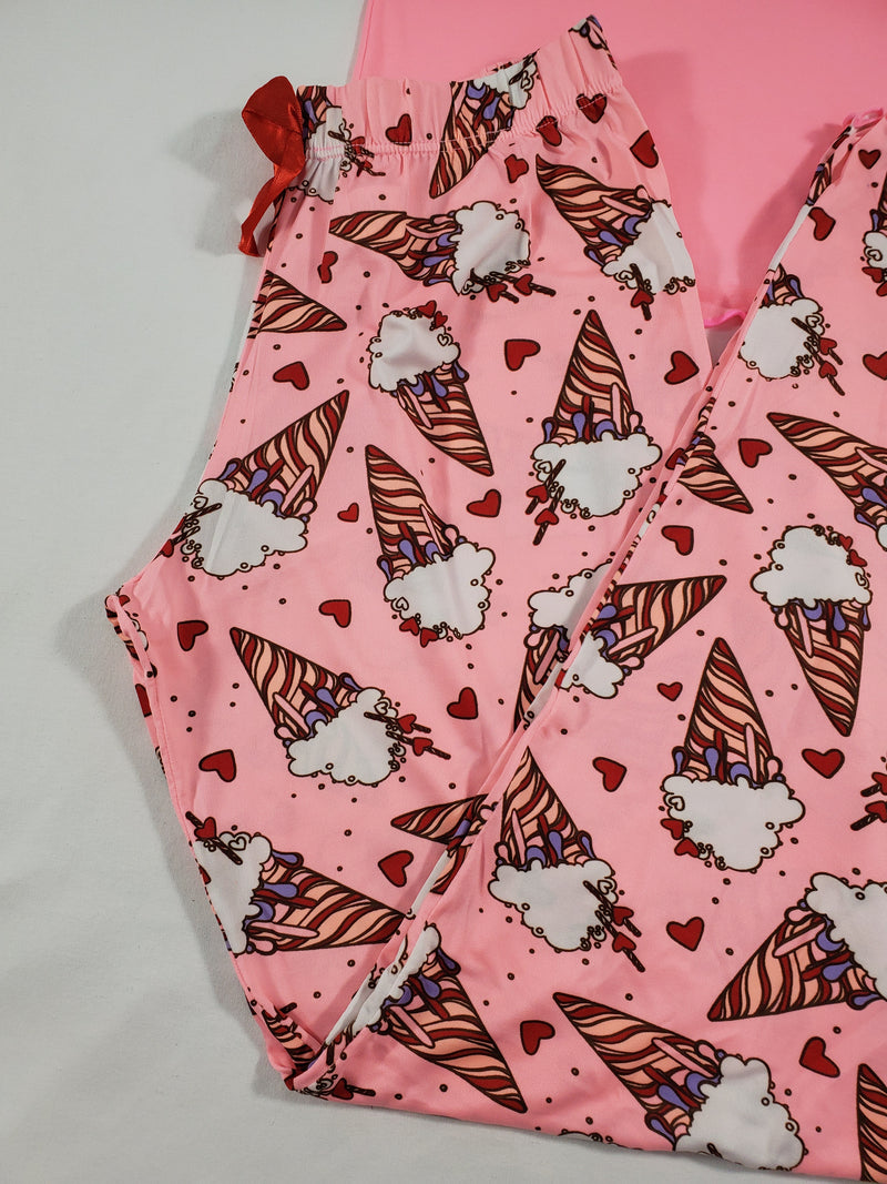 Women's Classic pajama set pink pants ice cream cones & hearts theme pink blouse - Princess Pajamas