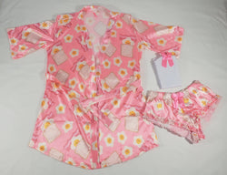 Women's 3-piece pink set satin robe and sexy shorts fried eggs and toast theme classic white blouse - Princess Pajamas