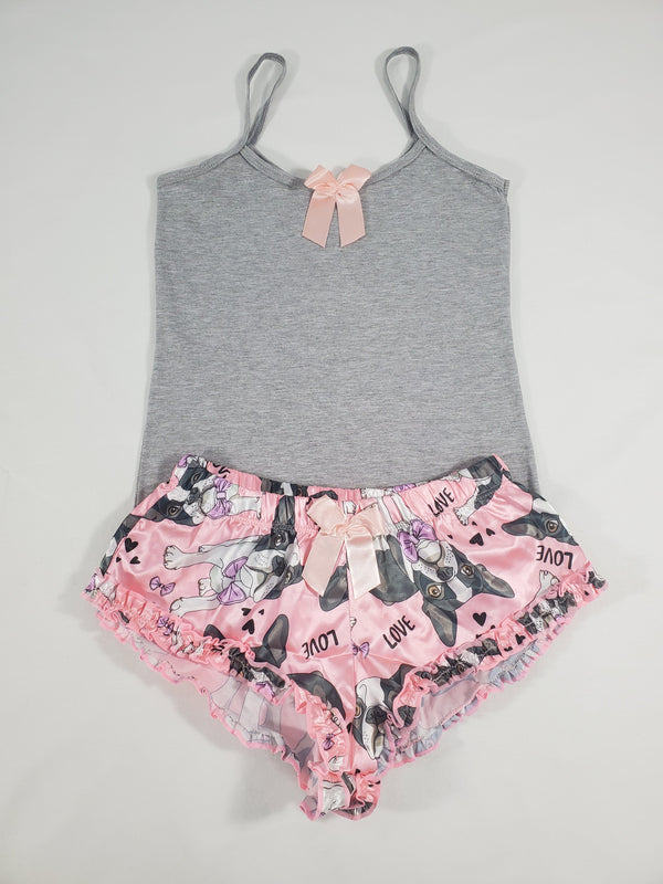 Women's Sexy pajama pink satin shorts puppies theme gray blouse - Princess Pajamas