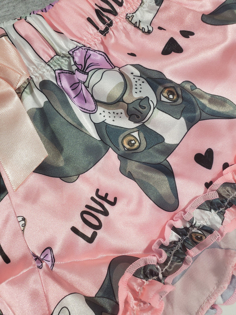 Women's Sexy pajama pink satin shorts puppies theme gray blouse - Princess Pajamas