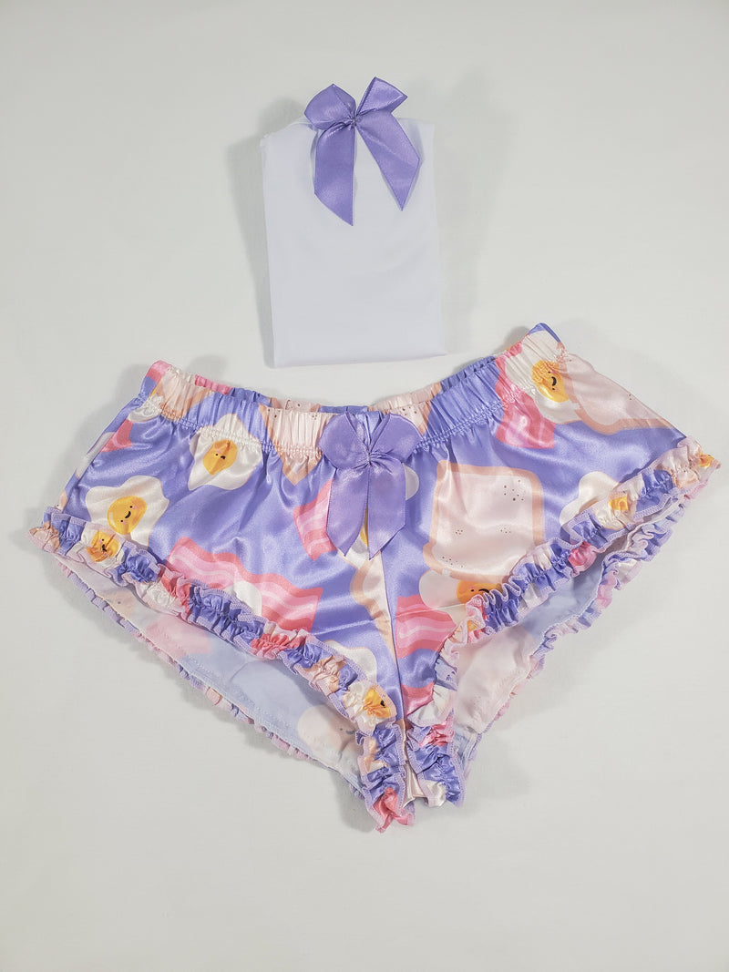 Women's Sexy pajama purple satin shorts fried eggs and toast theme white blouse - Princess Pajamas